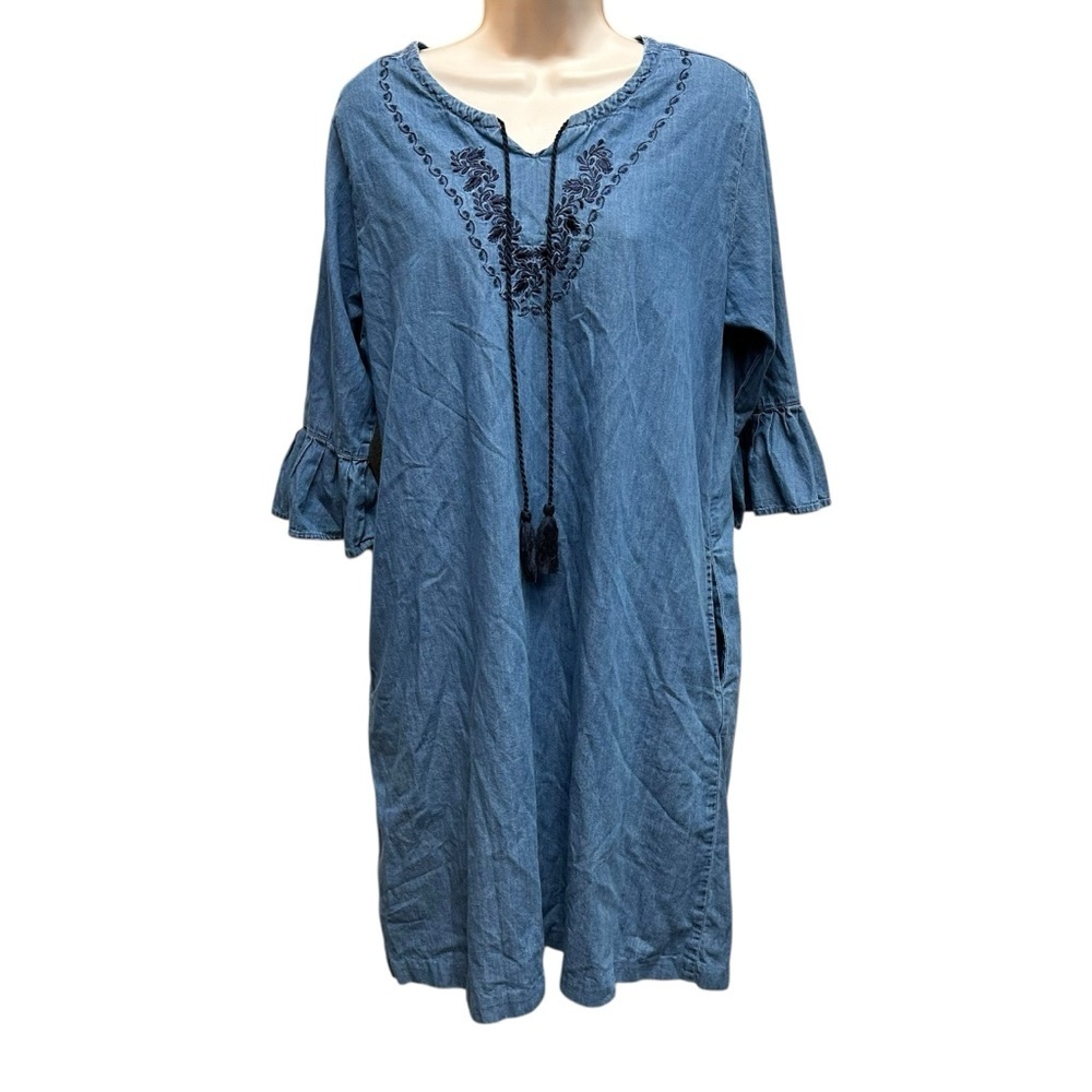 National women’s chambray denim dress flared sleeves boho chic medium modest